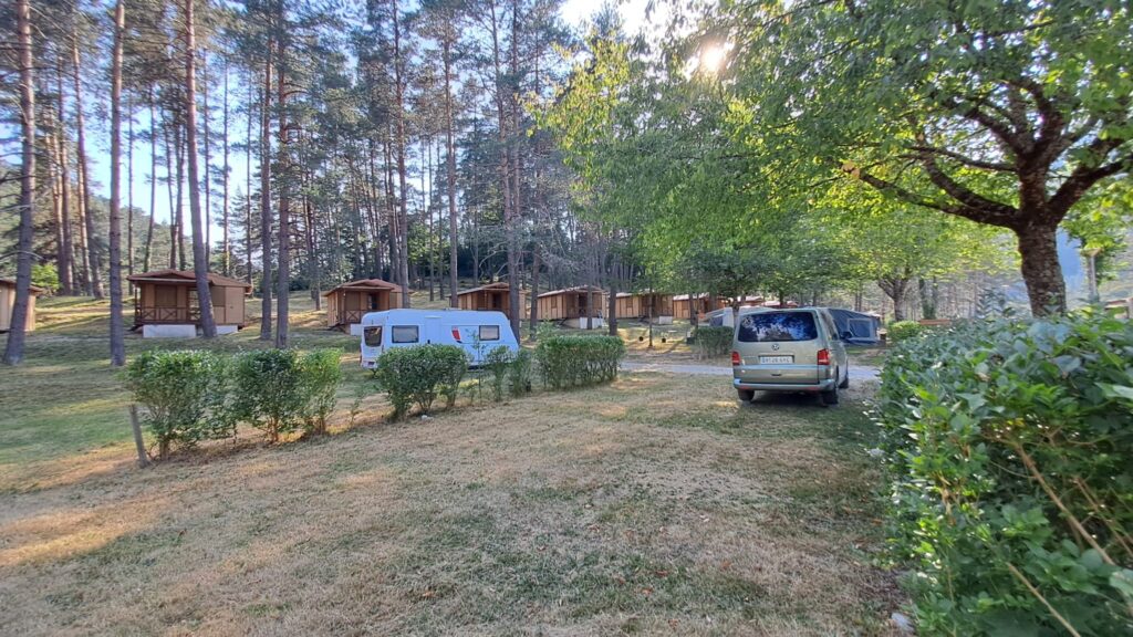 Zona de parcelas y bungalows del Camping Asolaze entre pinos y árboles en Isaba