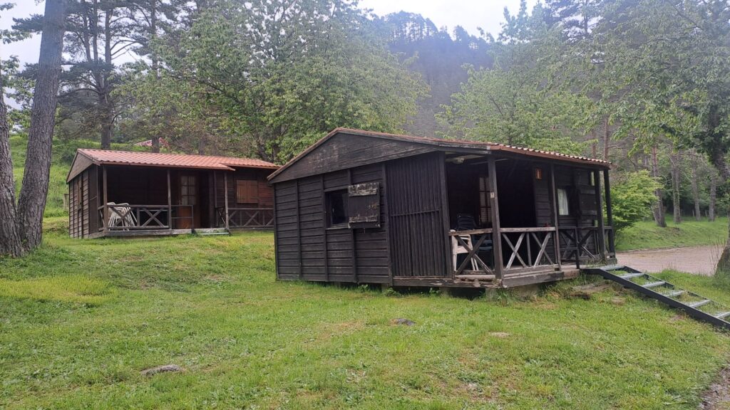 Bungalows de madera del Camping Asolaze en plena naturaleza, rodeados de árboles en Isaba
